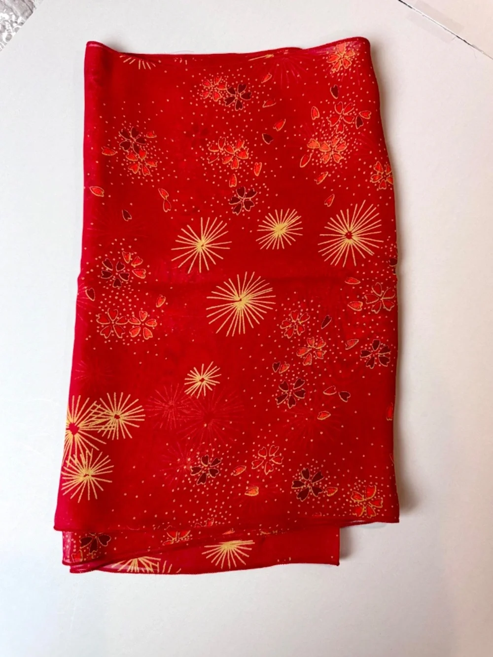 HARARI 100% Silk Chiffon Scarf Red Burst Floral Print Made in USA